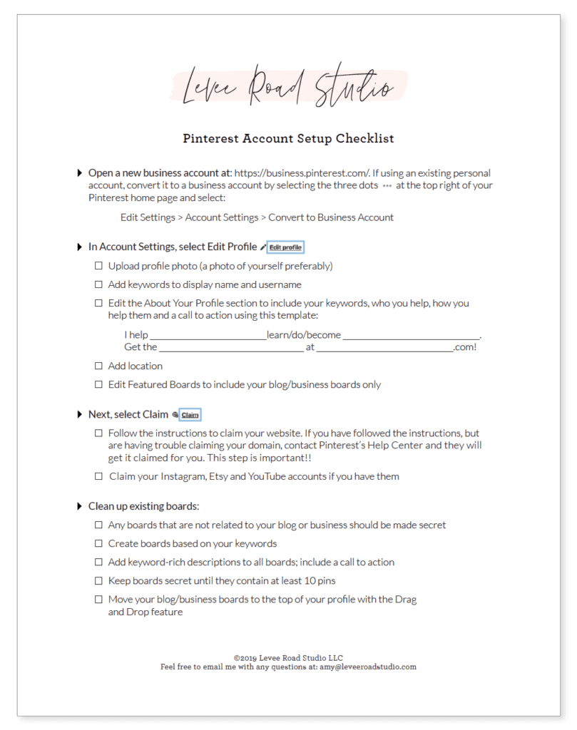 Pinterest for Business Setup Checklist | Levee Road Studio