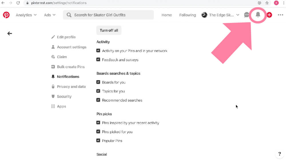 pinterest business account set up notifications settings