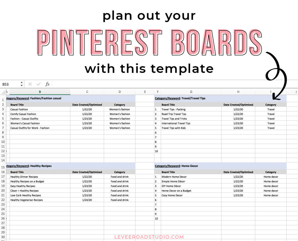 text overlay that says "plan out your Pinterest boards with this template" with an arrow pointing to a board planning spreadsheet