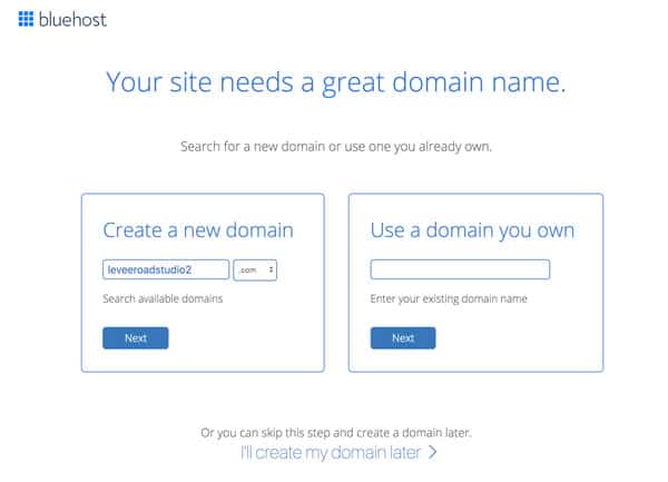 Choose a domain name - Bluehost account set up