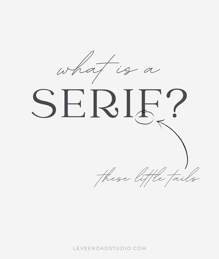 Text overlay that says: "what is a serif?" with an arrow pointing to the bottom of the letter F with text that states "these little tails" with a gray background showing how to identify a serif font