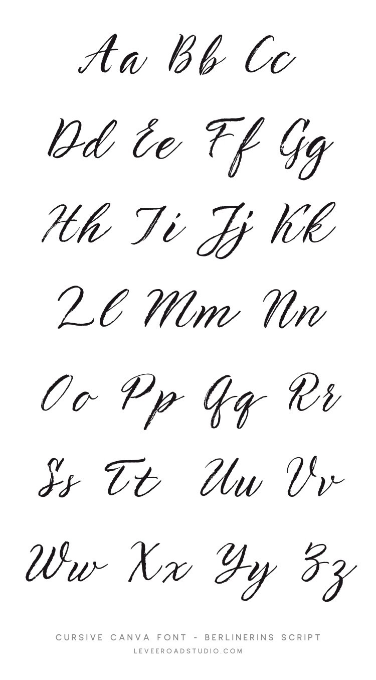 A display of the full alphabet in cursive handwriting, showcasing the Berlinerins Script font. The letters are elegantly written in black on a white background, arranged in pairs of uppercase and lowercase. The bottom of the image includes the text: 'Cursive Canva Font - Berlinerins Script' and 'leveroadstudio.com.'