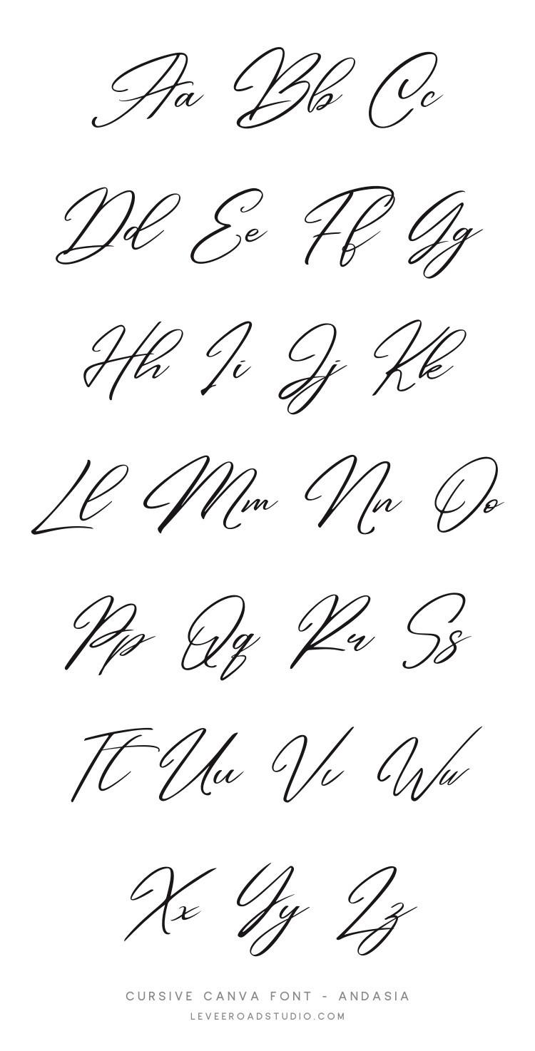 A display of the full alphabet in cursive handwriting, showcasing the Andasia Script font. The letters are elegantly written in black on a white background, arranged in pairs of uppercase and lowercase. The bottom of the image includes the text: 'Cursive Canva Font - Andasia' and 'leveroadstudio.com.'