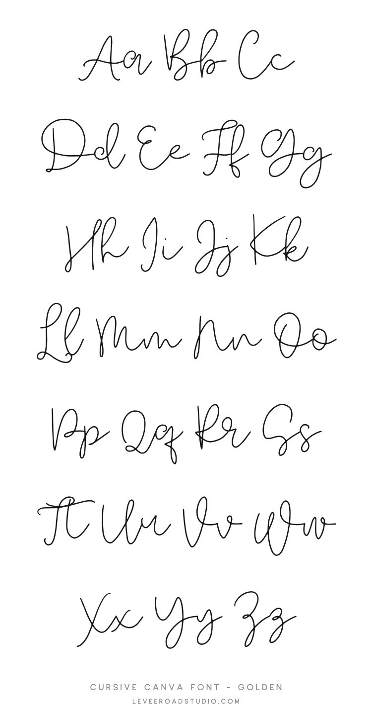A display of the full alphabet in cursive handwriting, showcasing the Golden Script font. The letters are elegantly written in black on a white background, arranged in pairs of uppercase and lowercase. The bottom of the image includes the text: 'Cursive Canva Font - Golden' and 'leveroadstudio.com.'