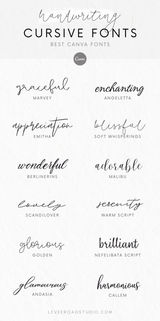 A curated list of handwriting-style cursive fonts available on Canva, displayed in an elegant design. The title at the top reads 'Handwriting Cursive Fonts – Best Canva Fonts,' with the Canva logo underneath. Twelve different cursive fonts are showcased with descriptive words, including 'graceful' (Marvey), 'enchanting' (Angeletta), 'appreciation' (Emitha), 'blissful' (Soft Whisperings), 'wonderful' (Berlinerins), 'adorable' (Malibu), 'lovely' (Scandilover), 'serenity' (Warm Script), 'glorious' (Golden), 'brilliant' (Nefelibata Script), 'glamorous' (Andasia), and 'harmonious' (Callem). The website 'leveroadstudio.com' is displayed at the bottom.