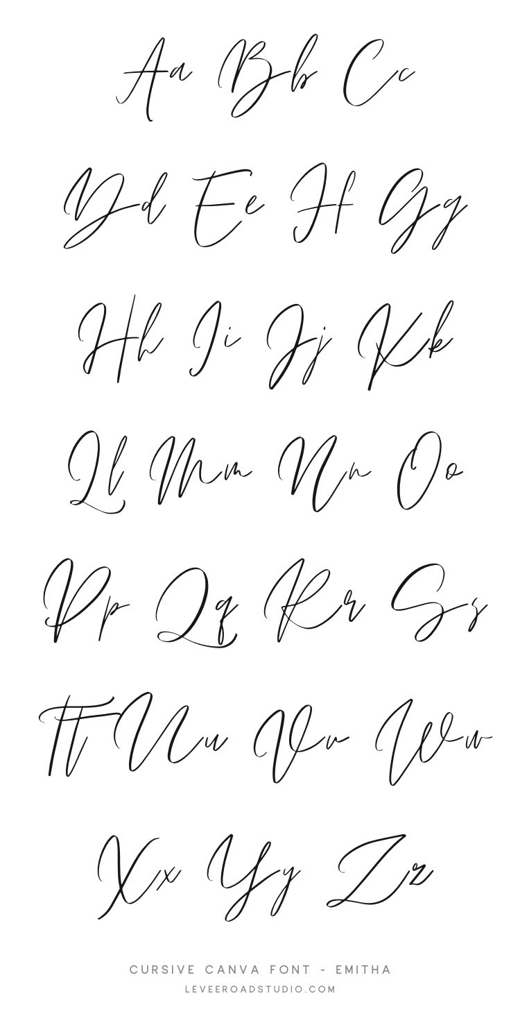 A display of the full alphabet in cursive handwriting, showcasing the Emitha Script font. The letters are elegantly written in black on a white background, arranged in pairs of uppercase and lowercase. The bottom of the image includes the text: 'Cursive Canva Font - Emitha' and 'leveroadstudio.com.'