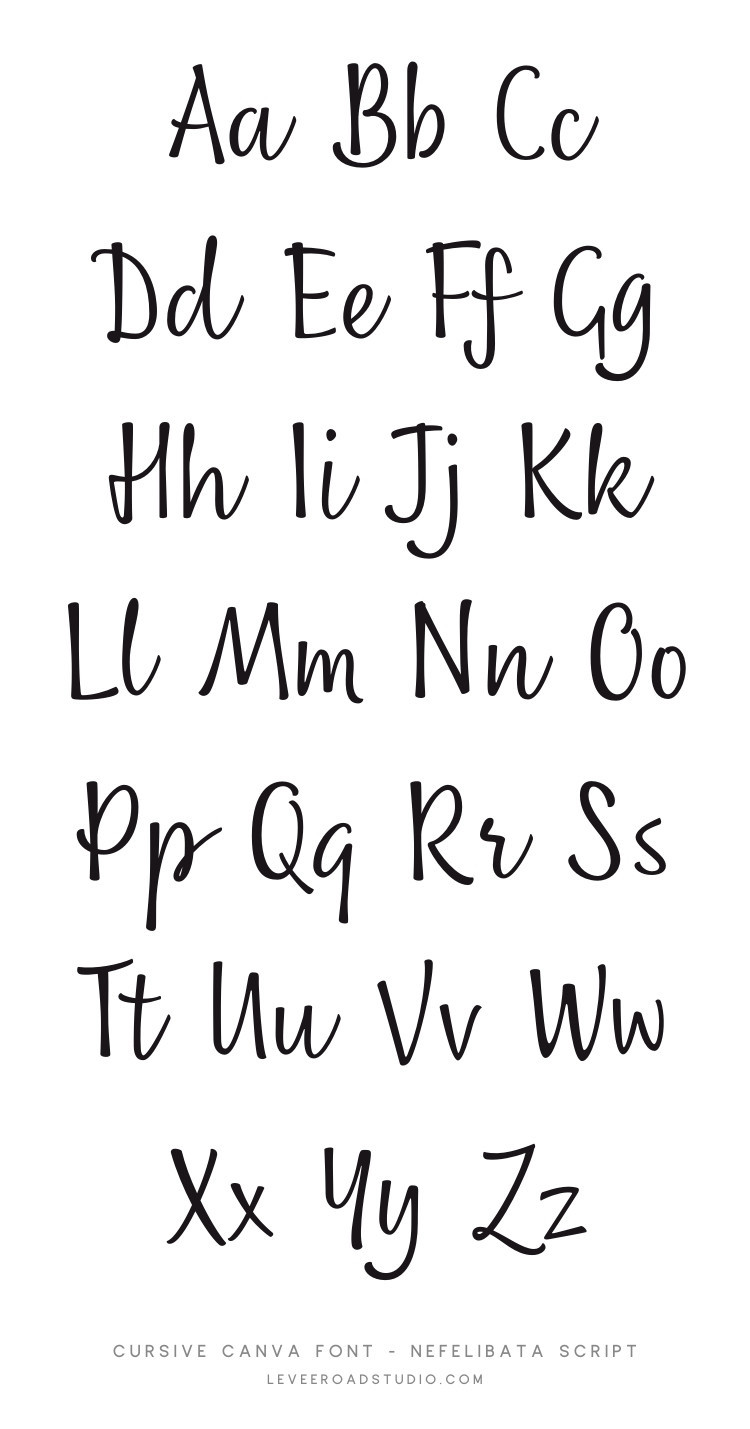 A display of the full alphabet in cursive handwriting, showcasing the Nefelibata Script font. The letters are elegantly written in black on a white background, arranged in pairs of uppercase and lowercase. The bottom of the image includes the text: 'Cursive Canva Font - Nefelibata Script' and 'leveroadstudio.com.'