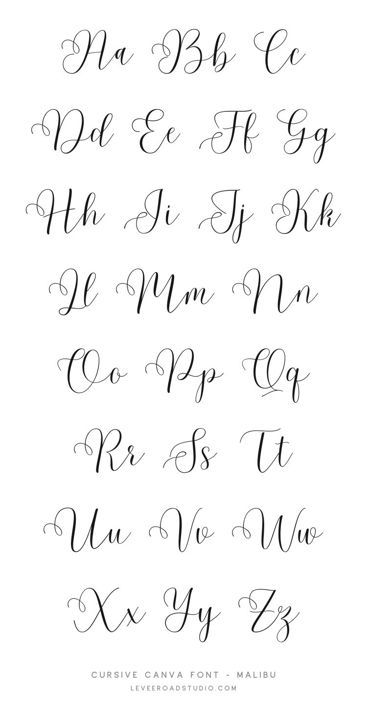 A display of the full alphabet in cursive handwriting, showcasing the Malibu Script font. The letters are elegantly written in black on a white background, arranged in pairs of uppercase and lowercase with decorative flourishes. The bottom of the image includes the text: 'Cursive Canva Font - Malibu' and 'leveroadstudio.com.'