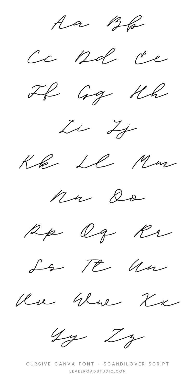 A display of the full alphabet in cursive handwriting, showcasing the Scandilover Script font. The letters are elegantly written in black on a white background, arranged in pairs of uppercase and lowercase. The bottom of the image includes the text: 'Cursive Canva Font - Scandilover Script' and 'leveroadstudio.com.'