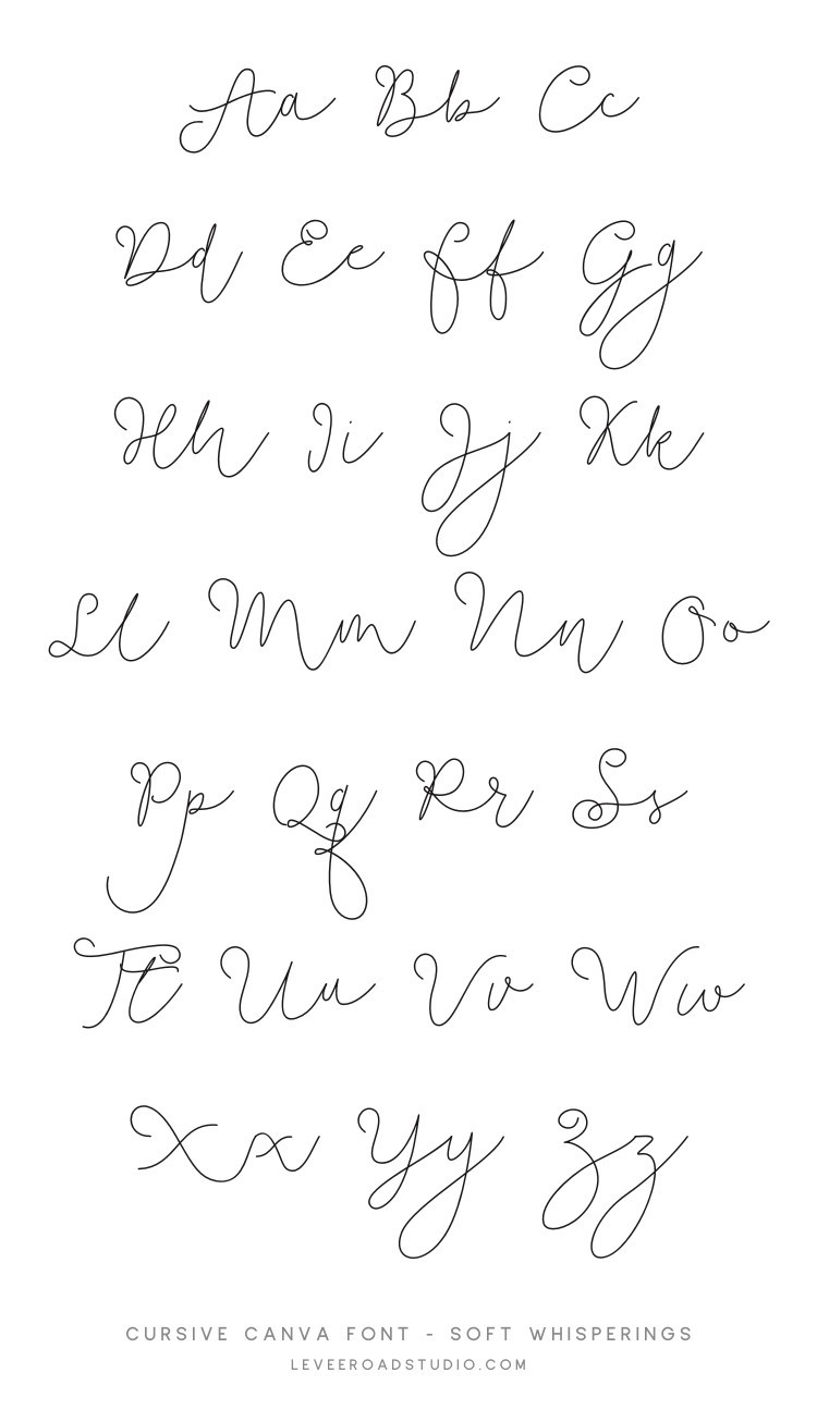 A display of the full alphabet in cursive handwriting, showcasing the Soft Whisperings Script font. The letters are delicately written in a thin, flowing style in black on a white background, arranged in pairs of uppercase and lowercase. The bottom of the image includes the text: 'Cursive Canva Font - Soft Whisperings' and 'leveroadstudio.com.'