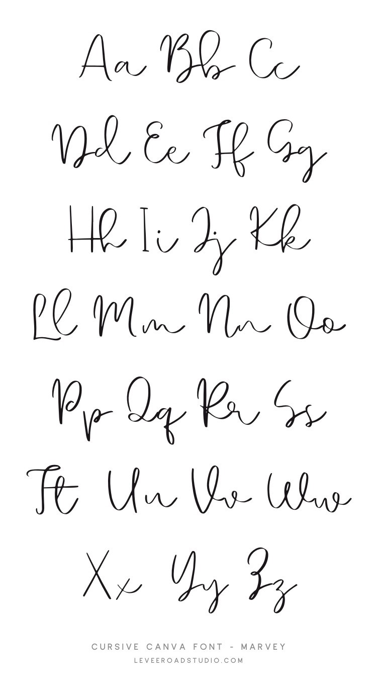 A display of the full alphabet in cursive handwriting, showcasing the Marvey Script font. The letters are elegantly written in black on a white background, arranged in pairs of uppercase and lowercase. The bottom of the image includes the text: 'Cursive Canva Font - Marvey' and 'leveroadstudio.com.'