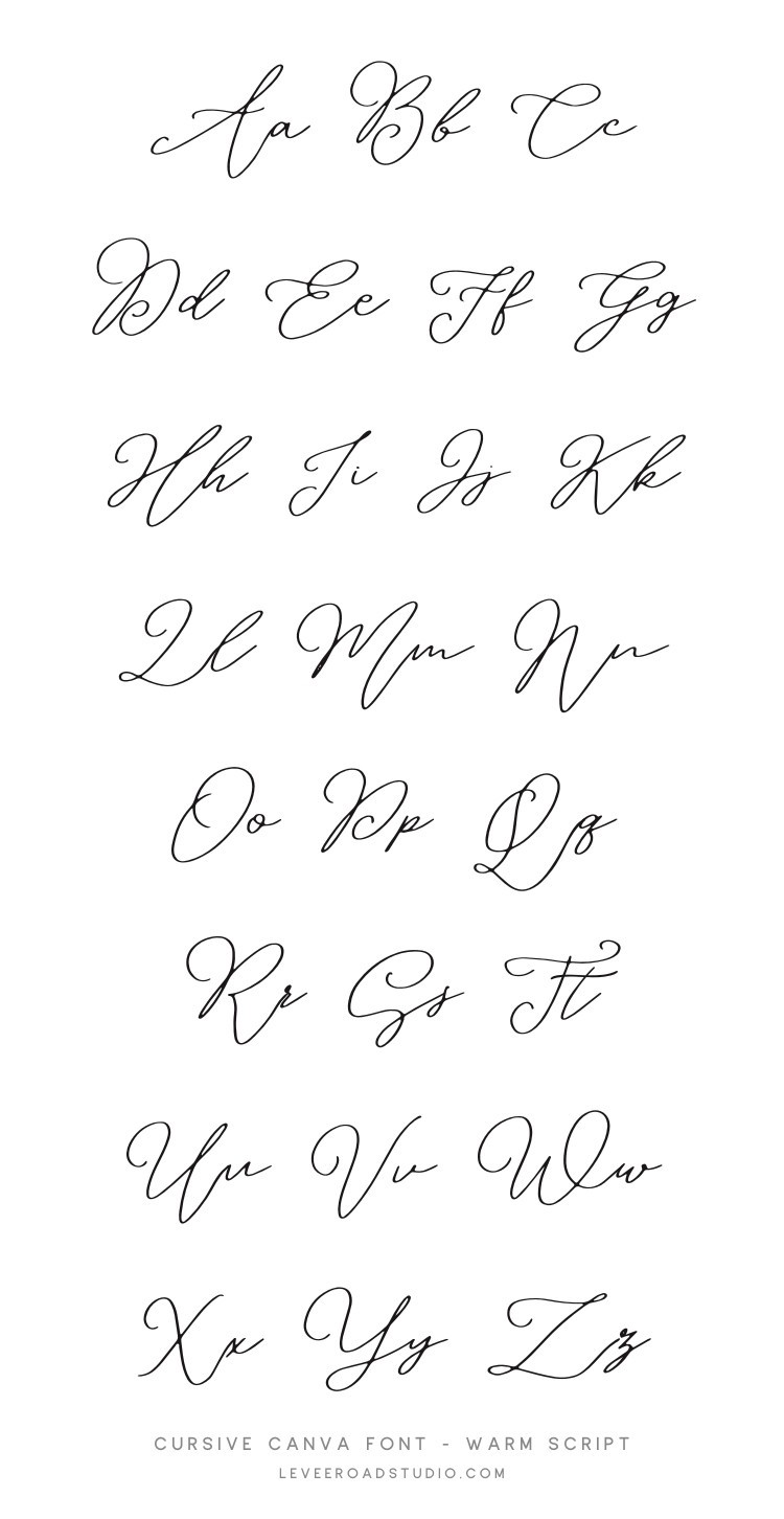 A display of the full alphabet in cursive, showcasing the Warm Script font. The letters are elegantly written in black on a white background, arranged in pairs of uppercase and lowercase with a delicate, flowing style. The bottom of the image includes the text: 'Cursive Canva Font - Warm Script' and 'leveroadstudio.com.'