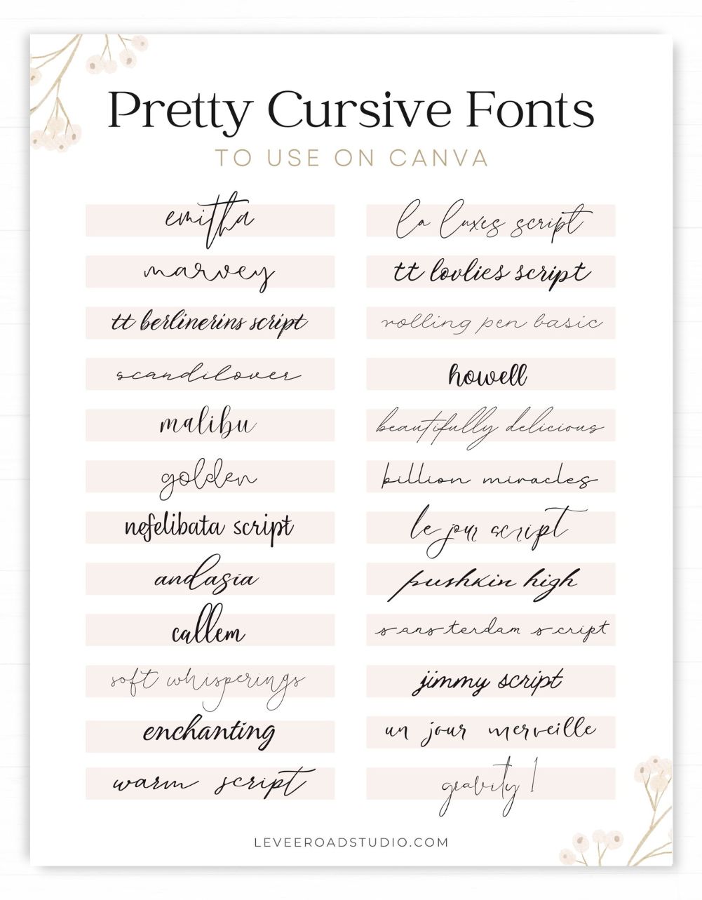 Levee Road Studio - Canva Cursive Fonts Cheat Sheet